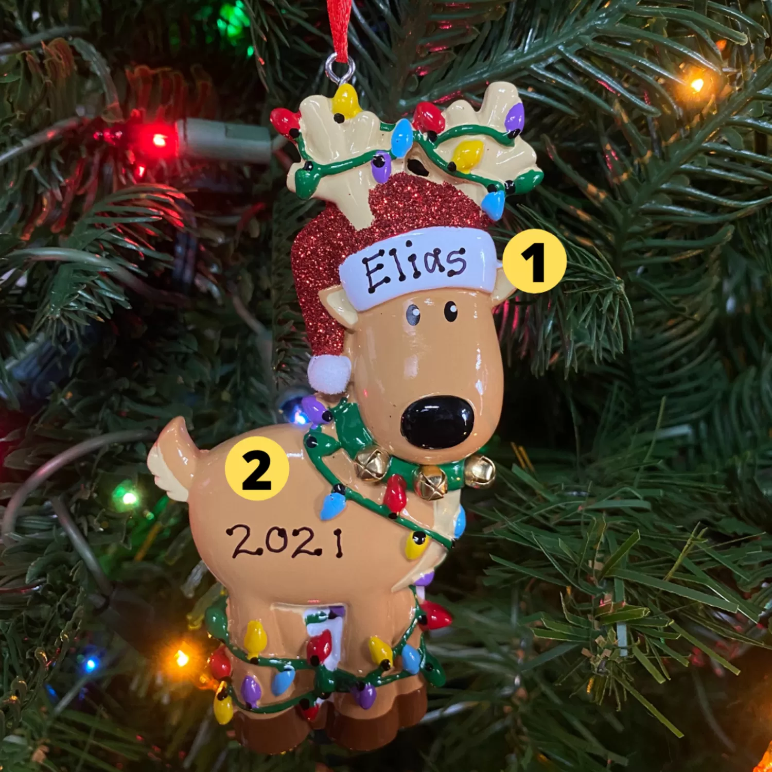 The Jolly Christmas Shop Personalized Ornaments·Misc. | Personalized Ornaments·Children's | Reindeer Tangled In Lights Personalized Christmas Ornament OR1370