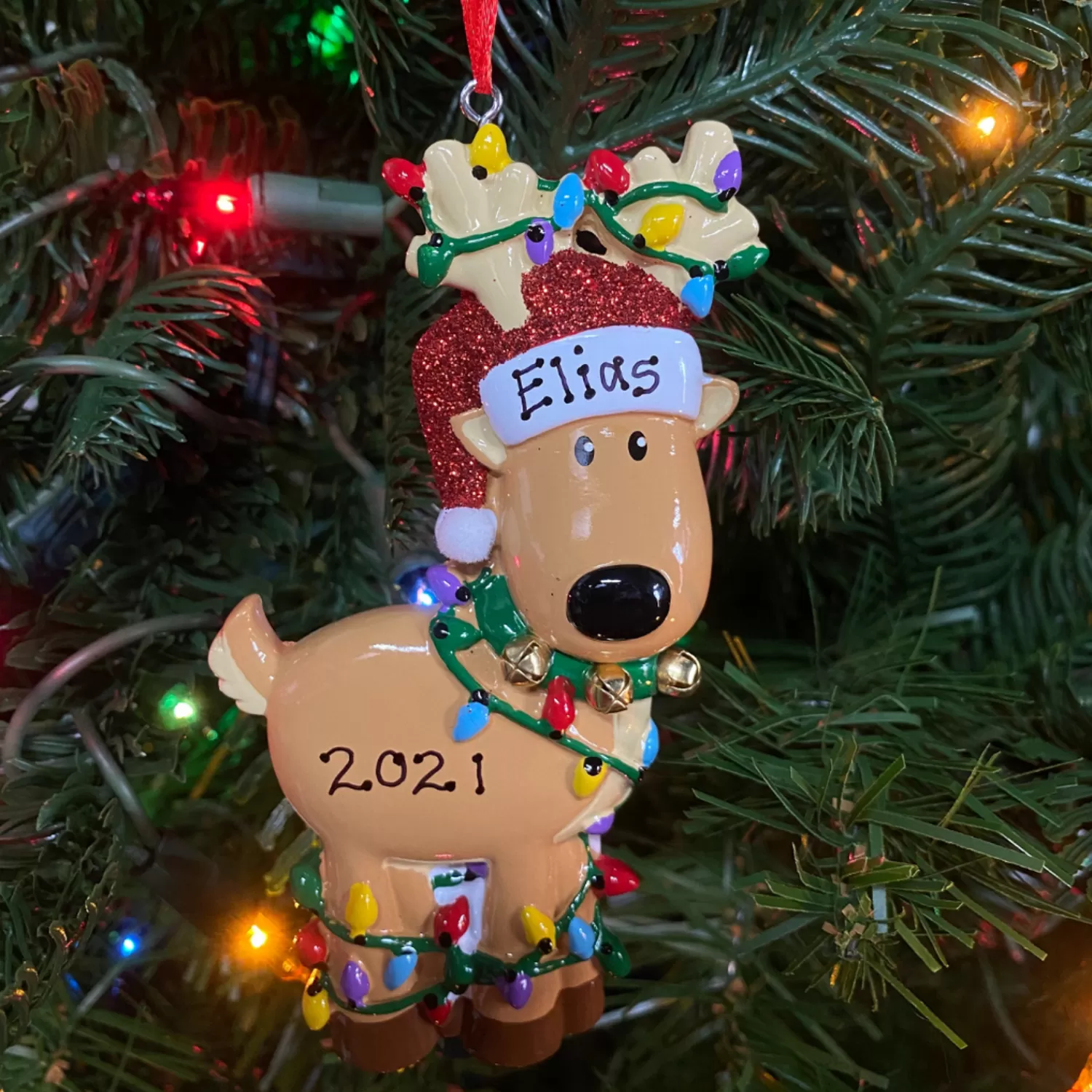 The Jolly Christmas Shop Personalized Ornaments·Misc. | Personalized Ornaments·Children's | Reindeer Tangled In Lights Personalized Christmas Ornament OR1370