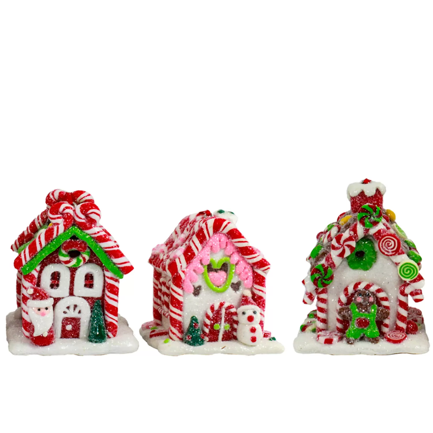 The Jolly Christmas Shop Gingerbread | Tinsel Town | Set Of 3 Battery Operated Lighted Claydough Gingerbread Candy House Christmas Ornament D4107