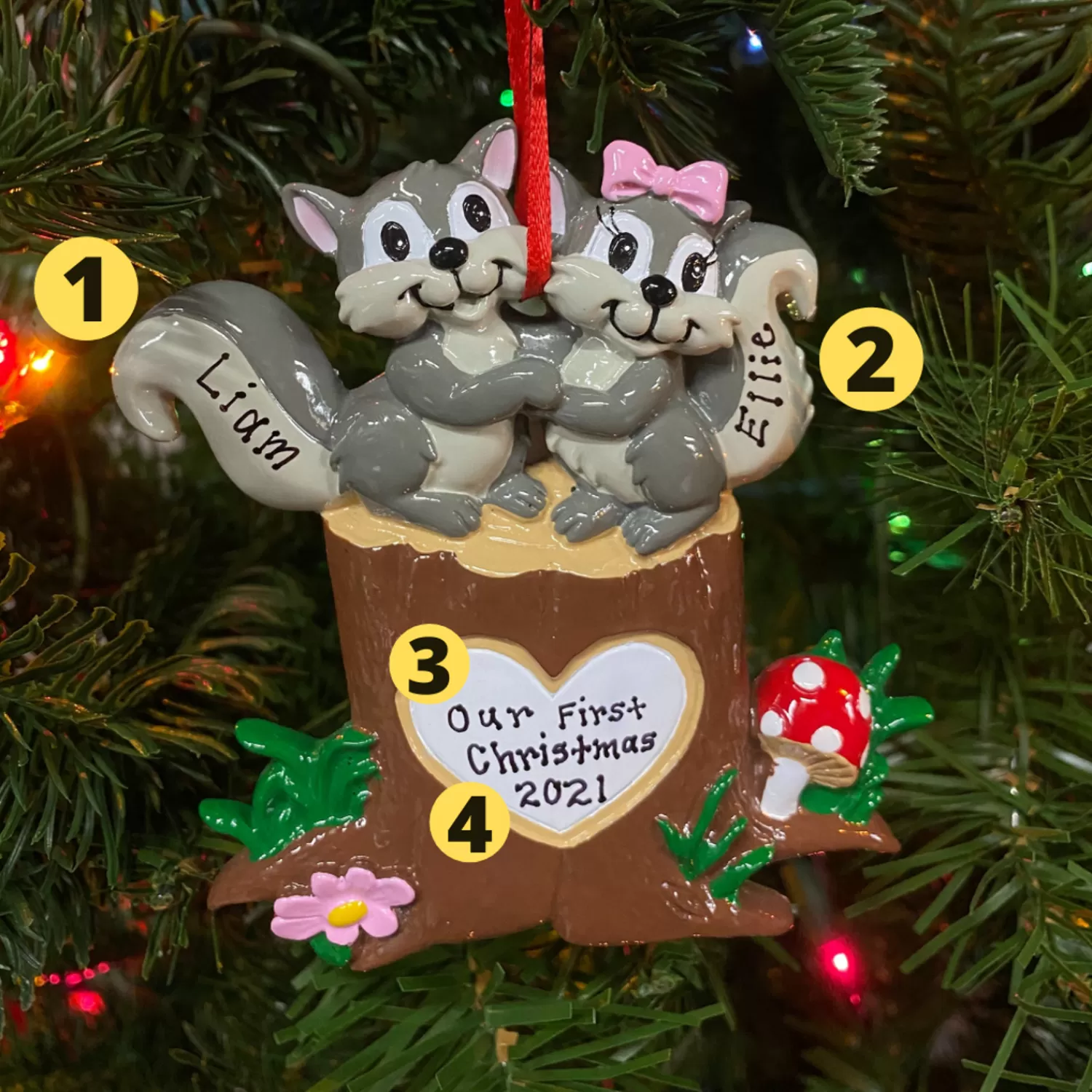 The Jolly Christmas Shop Personalized Ornaments·Wedding And Engagement Ornaments | Personalized Ornaments·Family Ornaments | Squirrel Couple On Tree Trunk With Heart Personalized Christmas Ornament OR1890-SQ