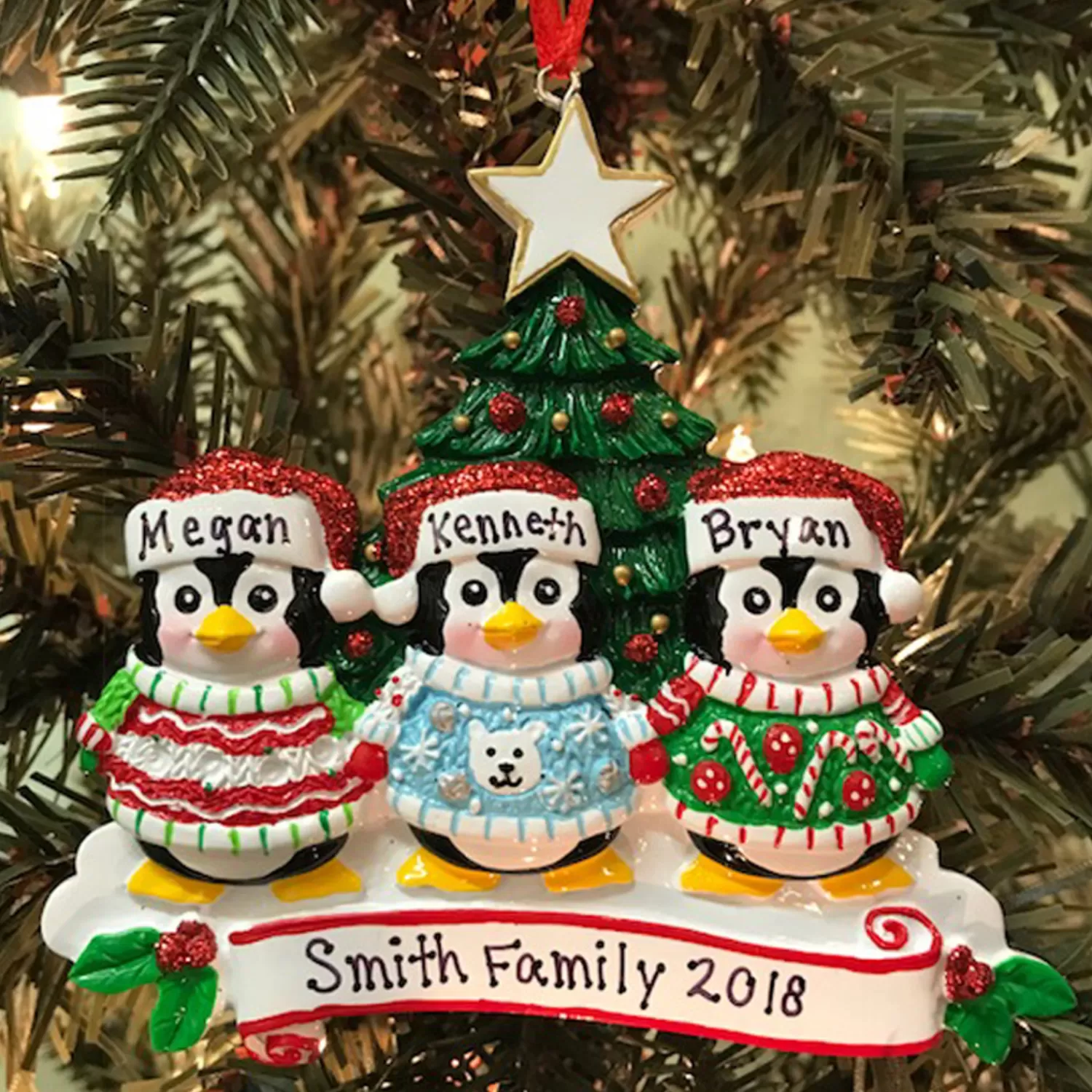 The Jolly Christmas Shop Personalized Ornaments·Family Ornaments | Ugly Sweater Penguin Family Of 3 Personalized Christmas Ornament