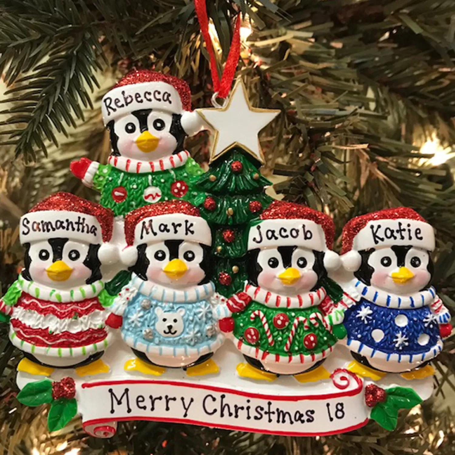 The Jolly Christmas Shop Personalized Ornaments·Family Ornaments | Ugly Sweater Penguin Family Of 5 Personalized Christmas Ornament