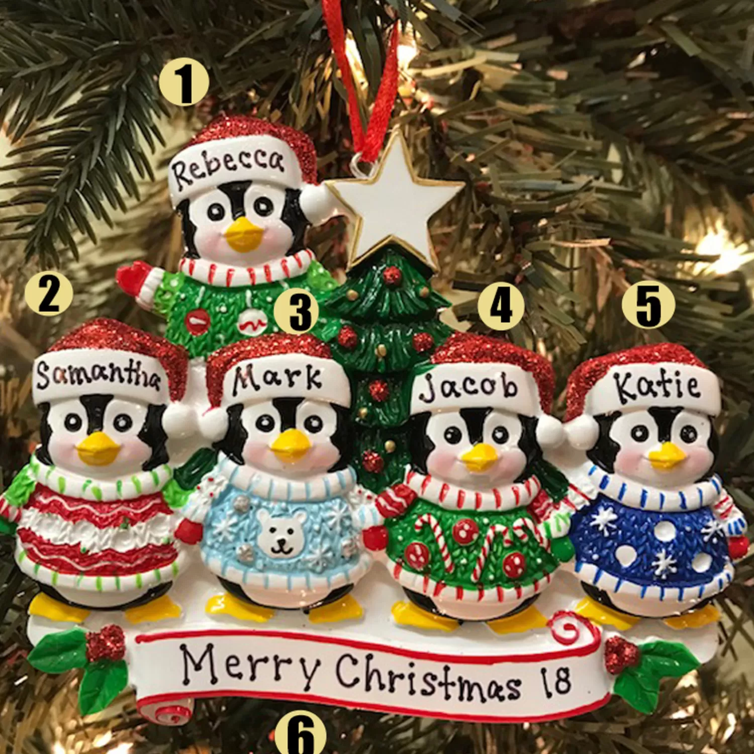 The Jolly Christmas Shop Personalized Ornaments·Family Ornaments | Ugly Sweater Penguin Family Of 5 Personalized Christmas Ornament