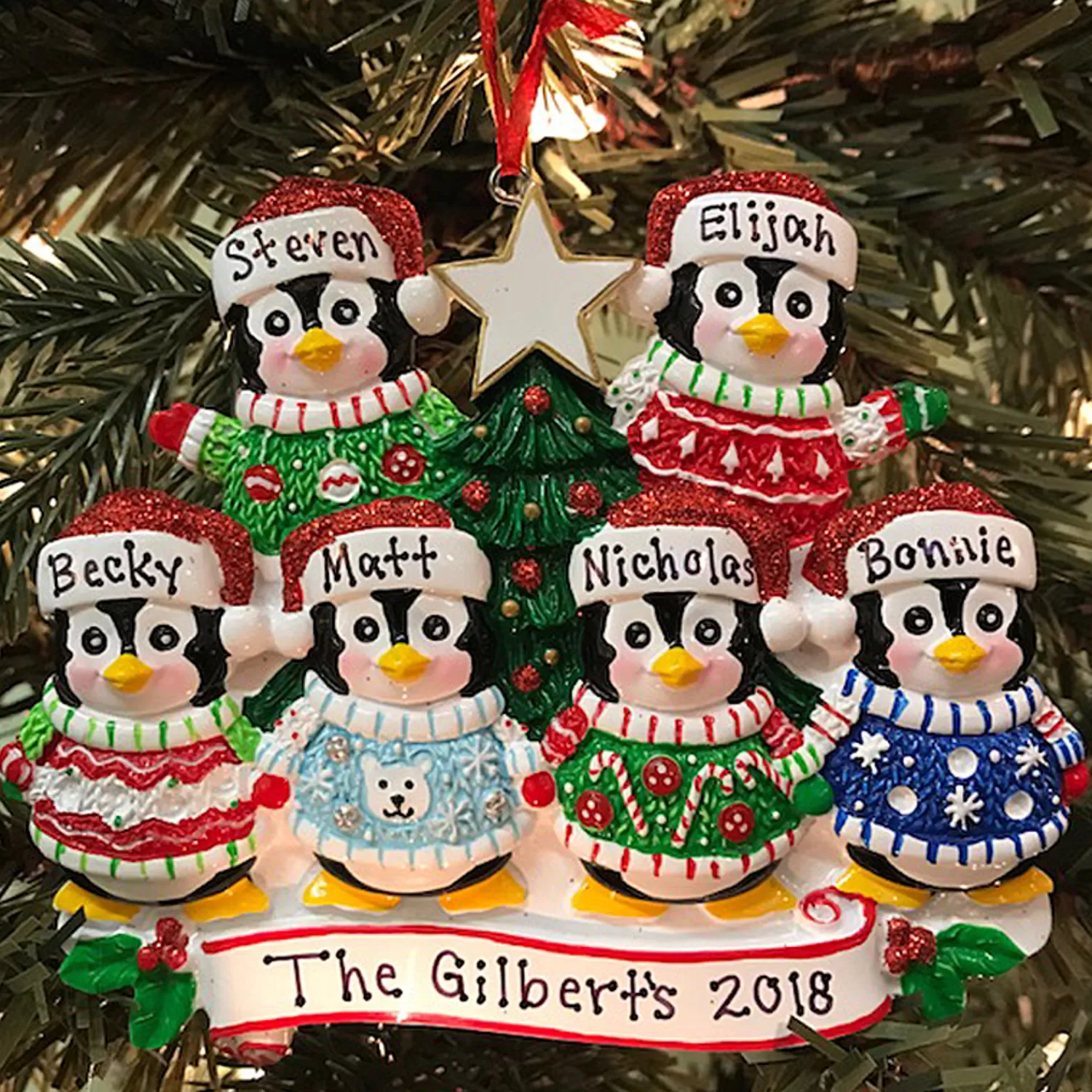 The Jolly Christmas Shop Personalized Ornaments·Family Ornaments | Ugly Sweater Penguin Family Of 6 Personalized Christmas Ornament