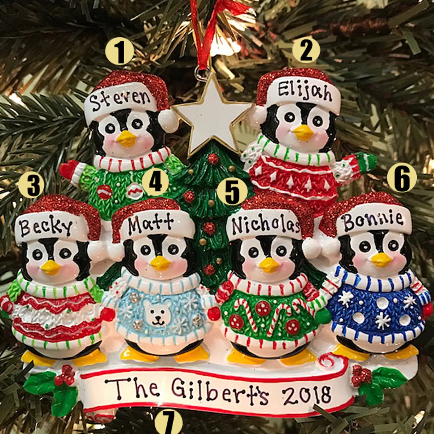The Jolly Christmas Shop Personalized Ornaments·Family Ornaments | Ugly Sweater Penguin Family Of 6 Personalized Christmas Ornament
