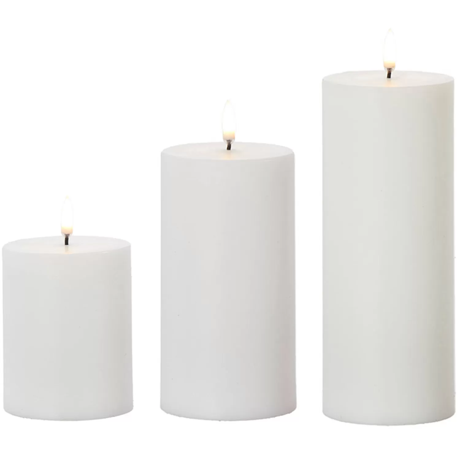 The Jolly Christmas Shop Sleigh Bells | O Tannebaun | Uyuni 3" X 5", 7" Or 9" Flat Top Moving Flame White Unscented Pillar Battery Candle